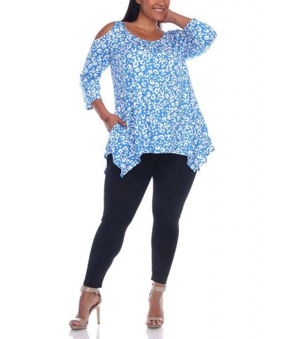 Plus Size Leopard Cold Shoulder Tunic Top Blue $25.42 Tops