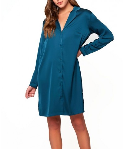 Women's Lucile Satin and Lace Sleep Shirt Teal $37.49 Lingerie