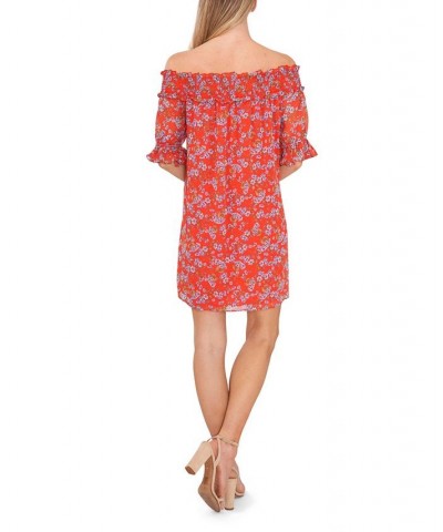 Women's Smocked Off The Shoulder Dress Poppy Red $43.96 Dresses
