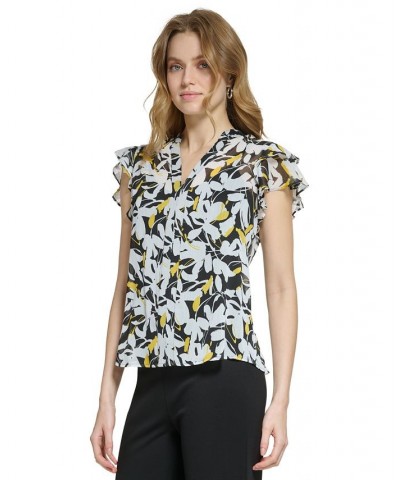 Women's Flutter-Sleeve Split-Neck Top Black/Poppy Yellow Multi $41.58 Tops