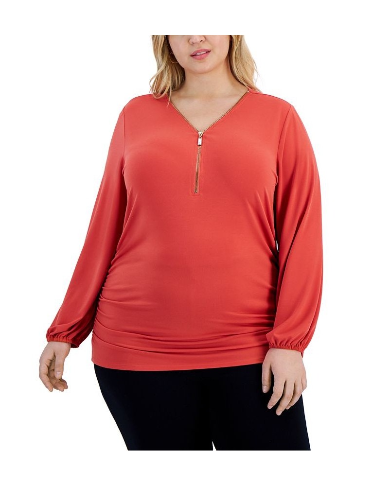 Plus Size Zip-Front Side-Ruched Top Chrysanthemum $18.25 Tops