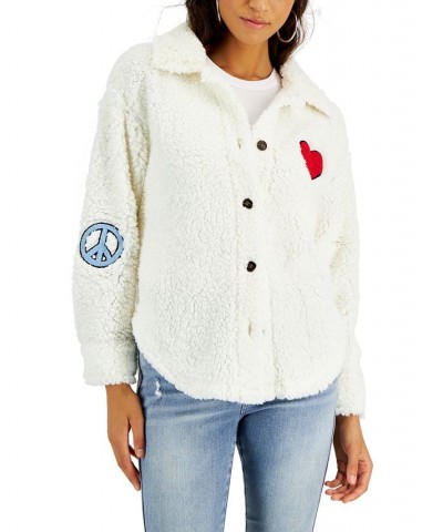 Juniors' Patch-Trimmed Button-Up Sherpa Shacket Ivory Combo $17.39 Jackets