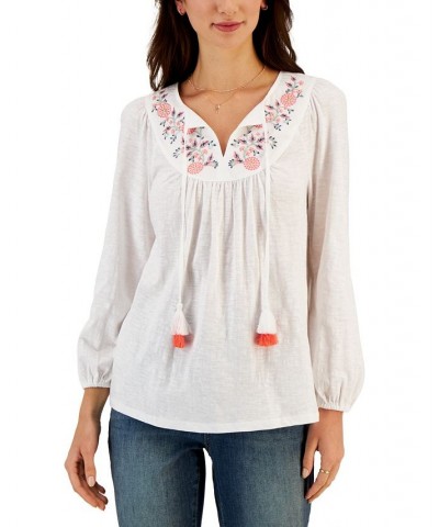Women's Cotton Embroidered Peasant Top White $19.81 Tops