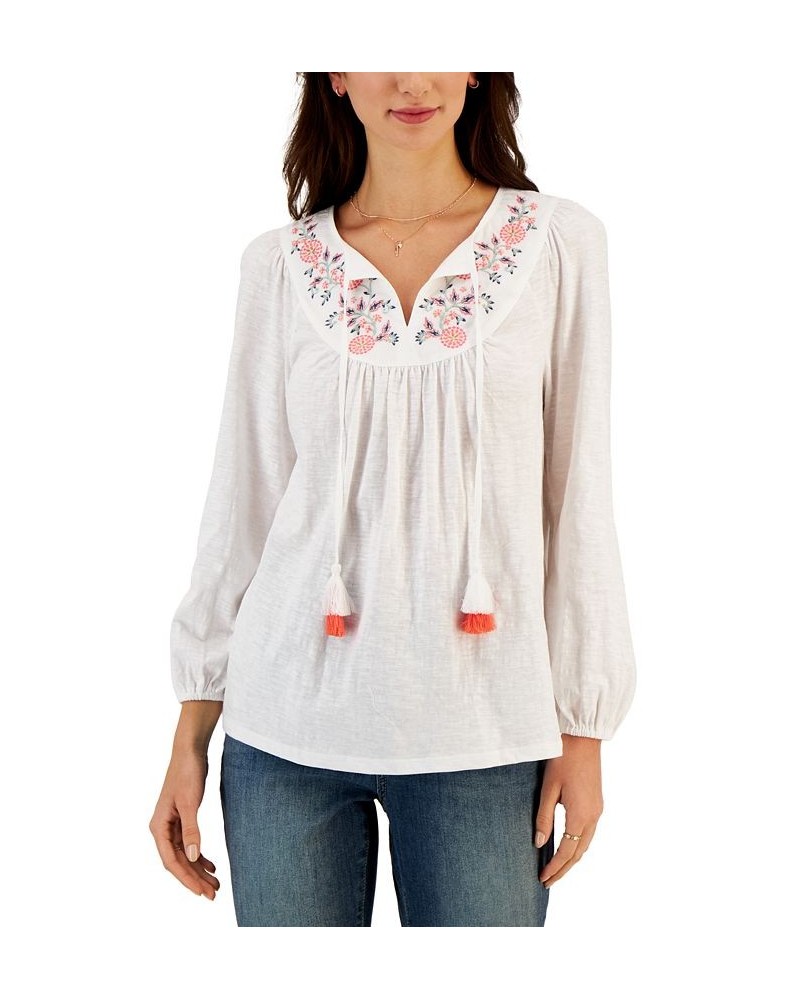 Women's Cotton Embroidered Peasant Top White $19.81 Tops