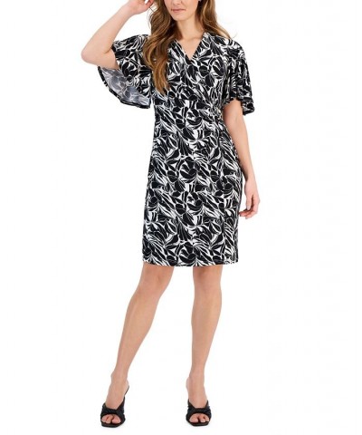 Women's Floral-Print Short-Sleeve Wrap Dress BLACK/LILY WHITE $39.60 Dresses