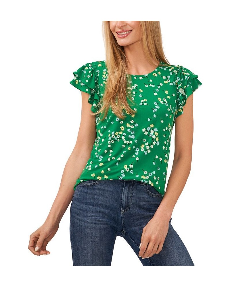 Women's Double-Ruffled Flutter-Sleeve Knit Top Green $31.05 Tops
