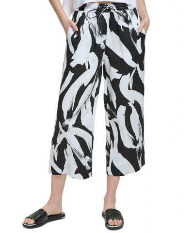 Women's Linen Printed Wide-Leg Pull-On Capri Pants White/Black Multi $39.60 Pants