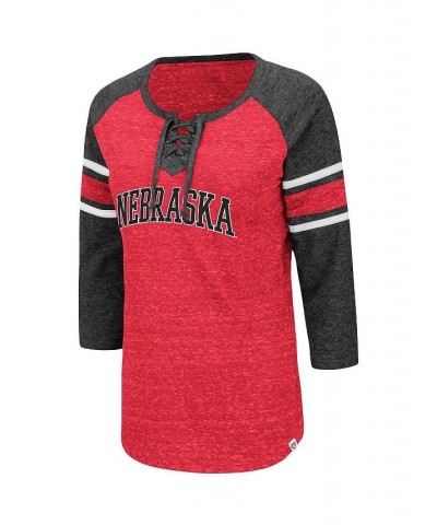 Women's Nebraska Huskers Scienta Pasadena Raglan 3/4 Sleeve Lace-Up T-shirt Scarlet, Heathered Charcoal $26.99 Tops