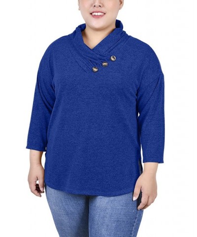 Plus Size 3/4 Sleeve Crossover Cowl Neck Top Blue $11.68 Tops