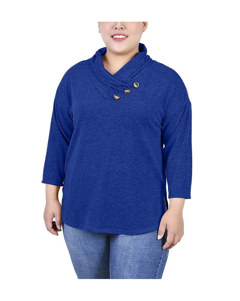 Plus Size 3/4 Sleeve Crossover Cowl Neck Top Blue $11.68 Tops