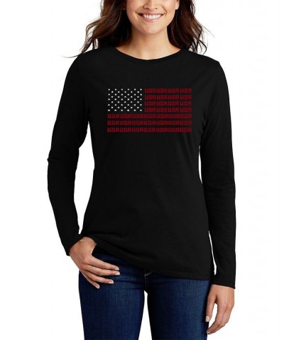 Women's Long Sleeve Word Art USA Flag T-shirt Black $17.39 Tops