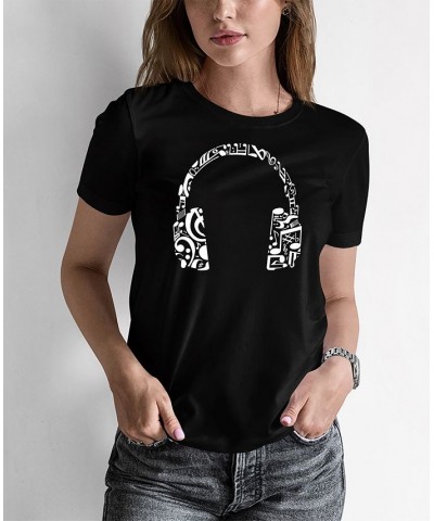 Women's Word Art Music Note Headphones T-Shirt Black $15.05 Tops