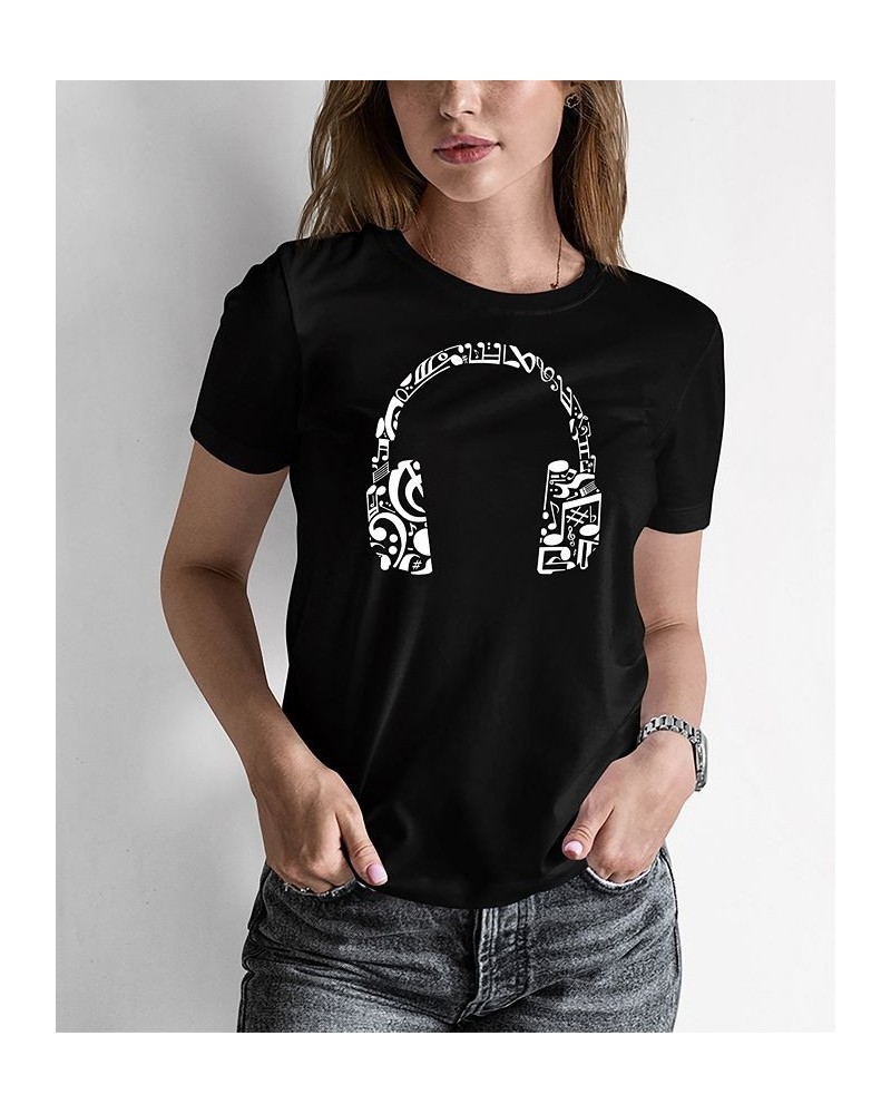 Women's Word Art Music Note Headphones T-Shirt Black $15.05 Tops