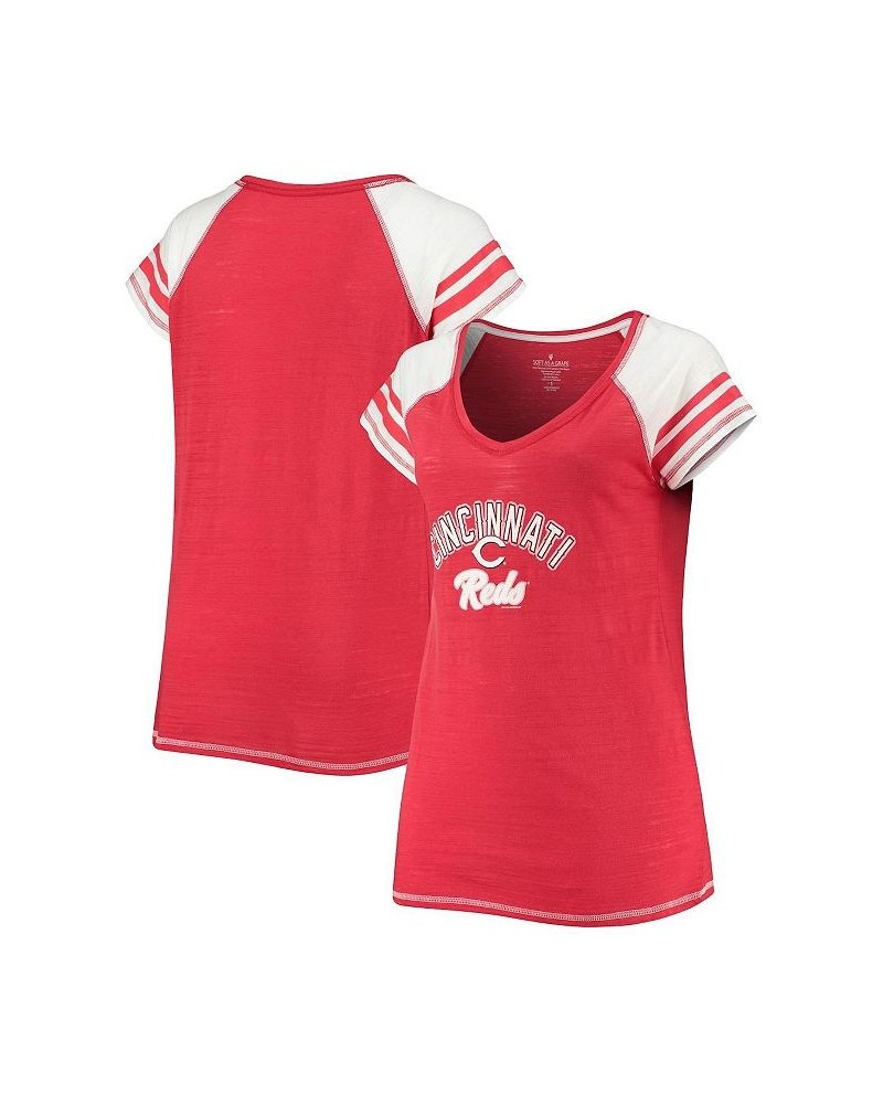 Women's Red Cincinnati Reds Curvy Colorblock Tri-Blend Raglan V-Neck T-shirt Red $30.00 Tops