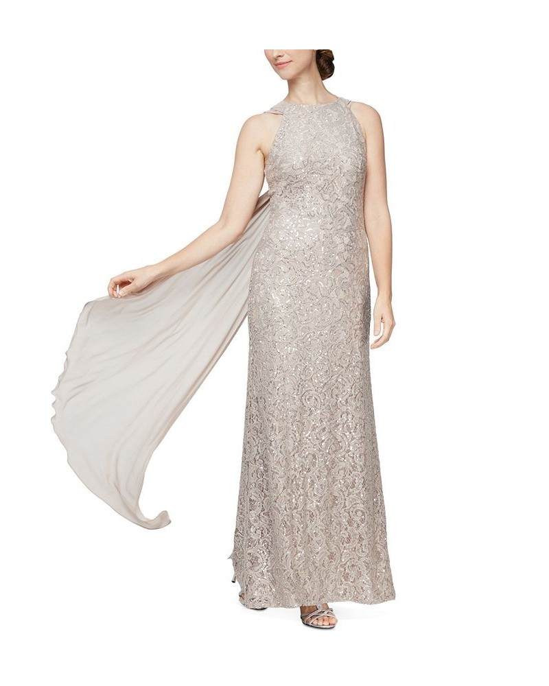 Flyaway-Back Sequin Lace Halter Gown Buff $87.78 Dresses