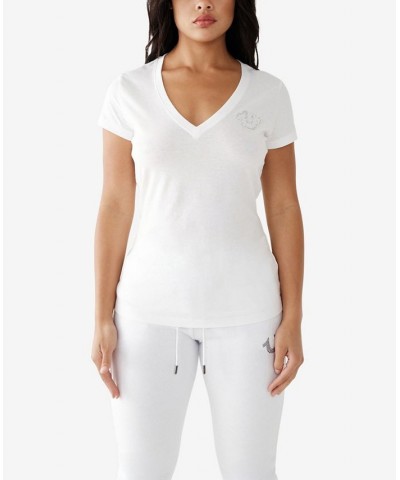 Women's Stacked Horseshoe V-neck T-shirt Optic White $23.61 Tops
