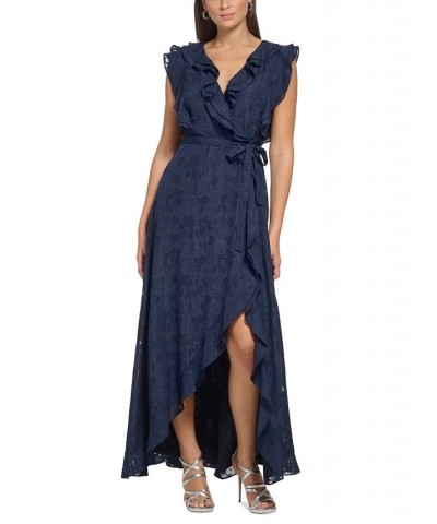 Women's Flutter-Sleeve Ruffle-Front Tie-Waist Gown Spring Navy $98.42 Dresses
