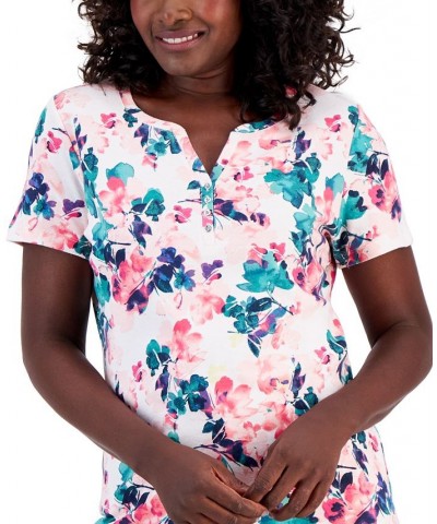 Petite Floral-Print Henley Top Soft Pink $10.44 Tops