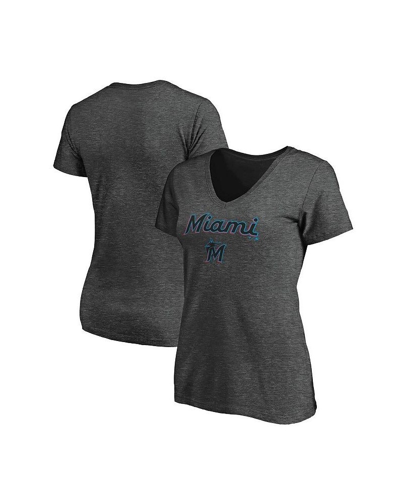 Women's Branded Heathered Charcoal Miami Marlins Team Logo Lockup V-Neck T-shirt Heathered Charcoal $20.39 Tops