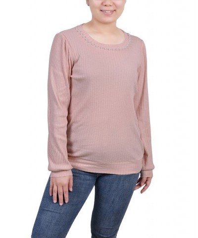 Petite Long Sleeve Ribbed Imitation Pearl Trimmed Top Pink $32.40 Tops