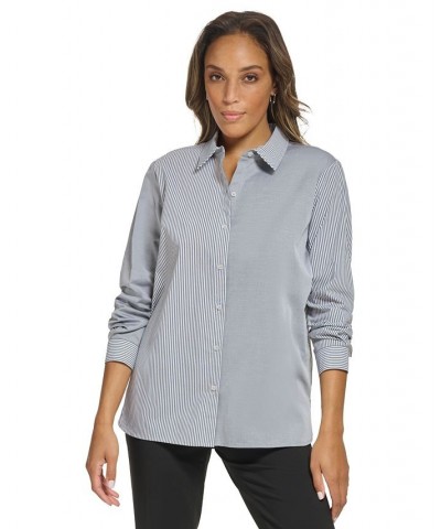 Women's Striped Collared Button-Front Shirt Black/White $39.16 Tops