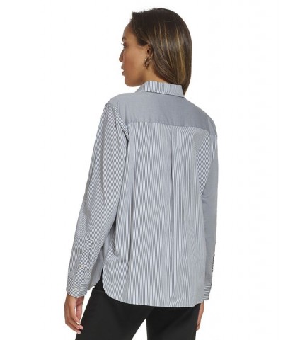 Women's Striped Collared Button-Front Shirt Black/White $39.16 Tops