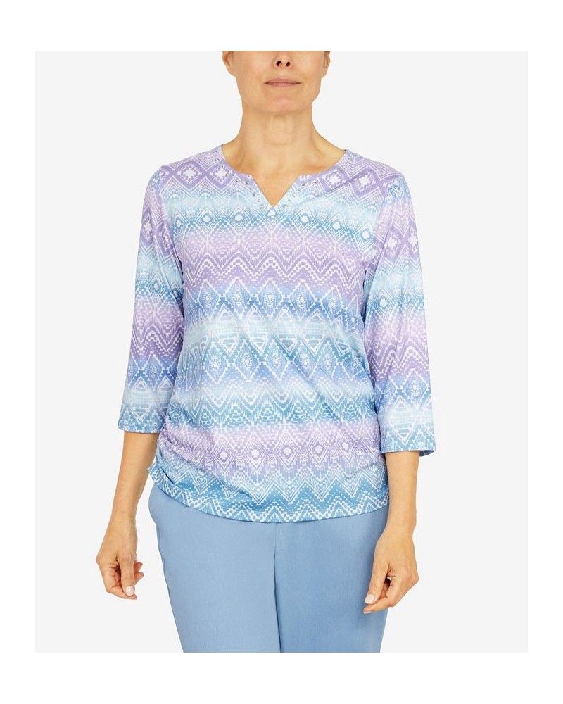 Petite Victoria Falls Split Neck Shirttail Hem 3/4 Sleeve Print Top Multi $31.28 Tops