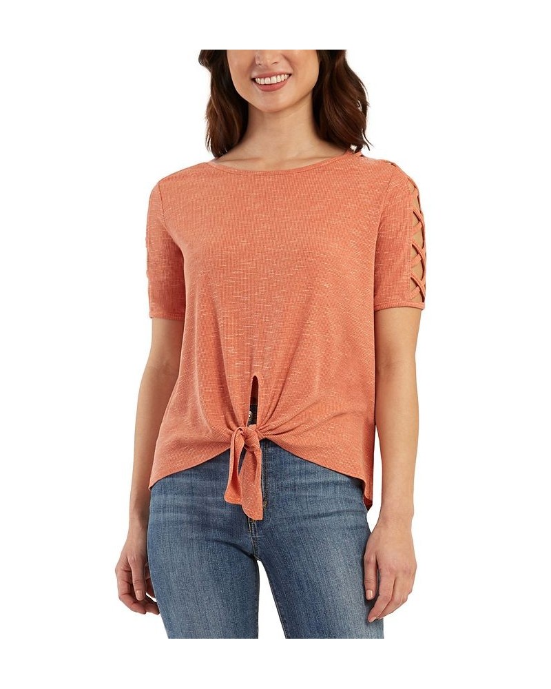 Juniors' Tie-Hem Lattice-Sleeve Top Cinnamon $27.93 Tops