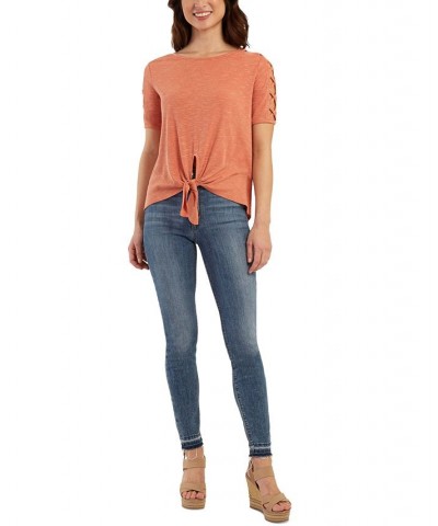 Juniors' Tie-Hem Lattice-Sleeve Top Cinnamon $27.93 Tops