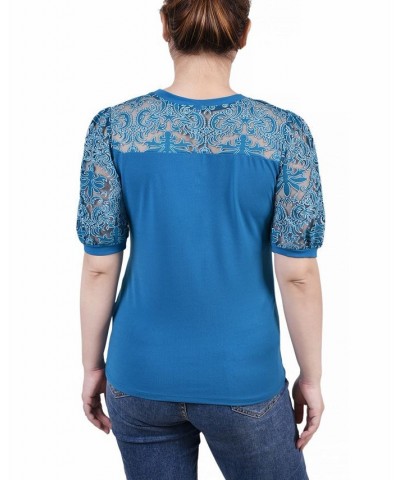 Petite Size Puff Lace-Sleeve Top Blue $18.60 Tops