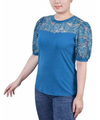 Petite Size Puff Lace-Sleeve Top Blue $18.60 Tops