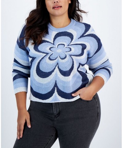 Trendy Plus Size Flower Sweater Blue $12.22 Sweaters