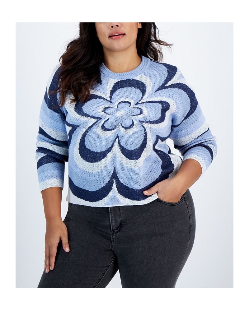 Trendy Plus Size Flower Sweater Blue $12.22 Sweaters
