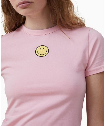 Women's Smiley Fitted Longline T-shirt Pink $15.40 Tops