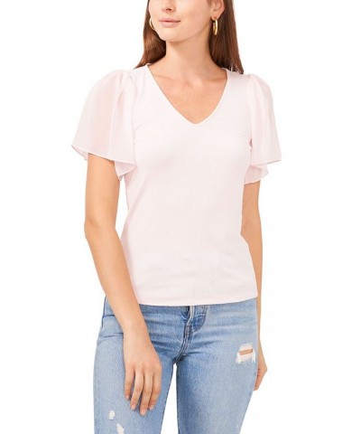 Women's Flutter Short Sleeve V-Neck Knit Top Pink Cloud $30.78 Tops