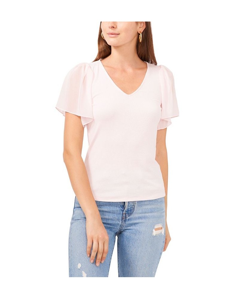 Women's Flutter Short Sleeve V-Neck Knit Top Pink Cloud $30.78 Tops