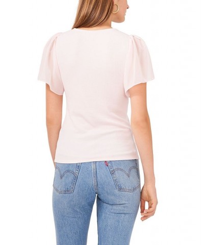 Women's Flutter Short Sleeve V-Neck Knit Top Pink Cloud $30.78 Tops