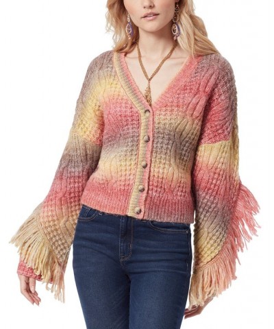 Fringe Bell Sleeve Button Front Sweater Wine $25.23 Sweaters