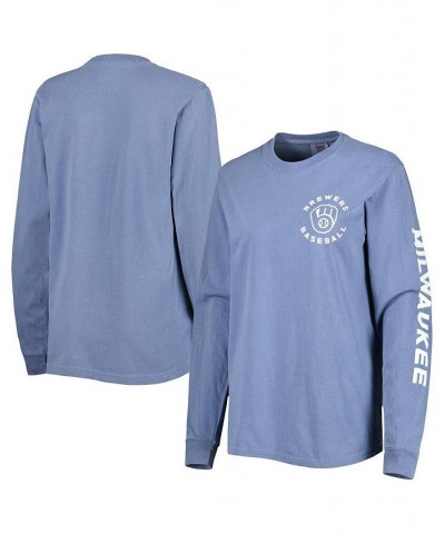 Women's Blue Milwaukee Brewers Team Pigment Dye Long Sleeve T-shirt Blue $25.80 Tops