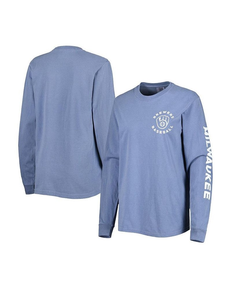 Women's Blue Milwaukee Brewers Team Pigment Dye Long Sleeve T-shirt Blue $25.80 Tops