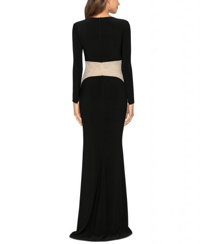 Women's V-Neck Embellished Contrast-Inset Gown Black Nude Silver $77.91 Dresses