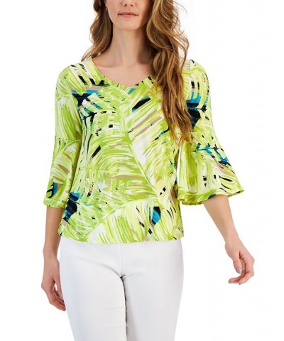 Women's Palm-Print Bell-Sleeve V-Neck Blouse Kiwi Multi $41.87 Tops