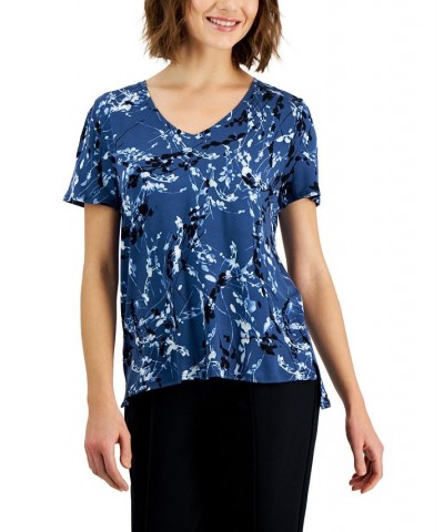 Petite Printed V-Neck High-Low Hem T-Shirt Breeze Storm Star Sea $12.32 Tops