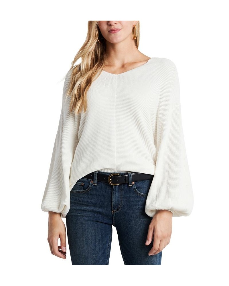 Women's Rib-Knit Bubble Sleeve Long Sleeve Sweater White $28.27 Sweaters