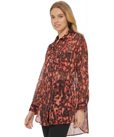 Women's Sheer Long-Sleeve Button-Up Shirt Persimmon Multi $38.27 Tops