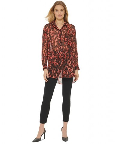 Women's Sheer Long-Sleeve Button-Up Shirt Persimmon Multi $38.27 Tops