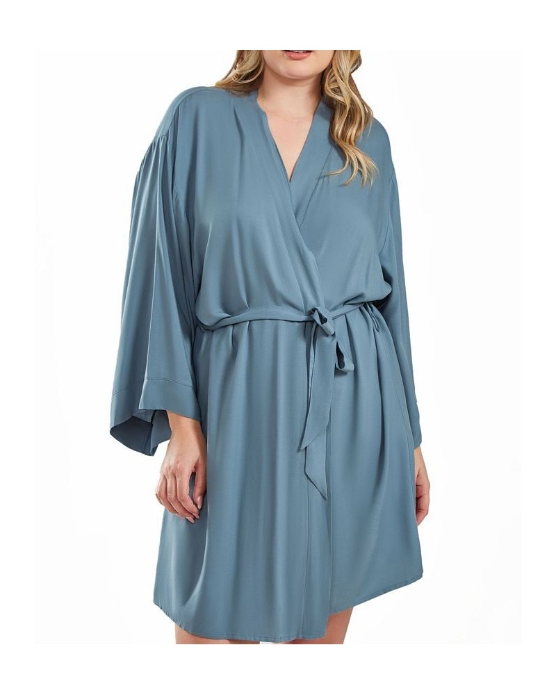 Bree Plus Size Modal Robe with Looped Self Tie Sash and Inner Ties Blue $51.25 Sleepwear