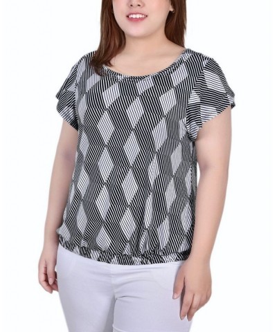 Plus Size Short Flutter Sleeve Top with Studded Neckline Black White Abstract $16.28 Tops