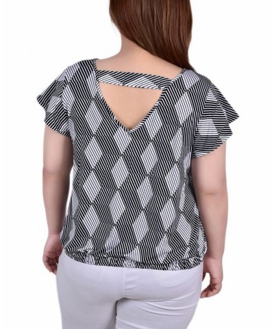Plus Size Short Flutter Sleeve Top with Studded Neckline Black White Abstract $16.28 Tops