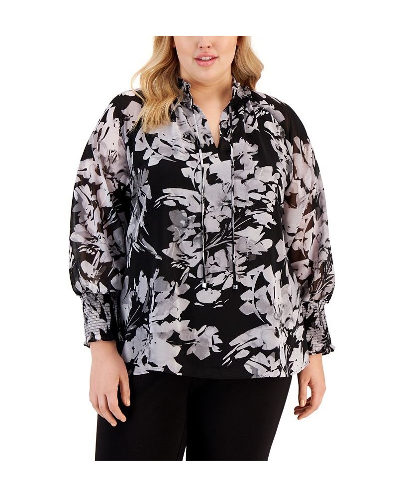 Plus Size Printed Tie-Neck Blouse Black $31.85 Tops